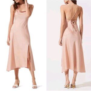 ASTR The Label Satin Cowl Neck Midi Dress Blush Strappy Lace Up Back Slip S